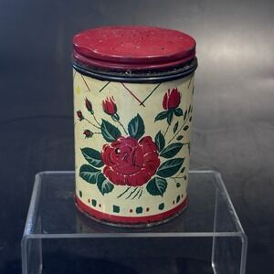 Vintage 40s Tin Pepper Shaker Single Red Rose Lithograph Red Lid Slight Rust